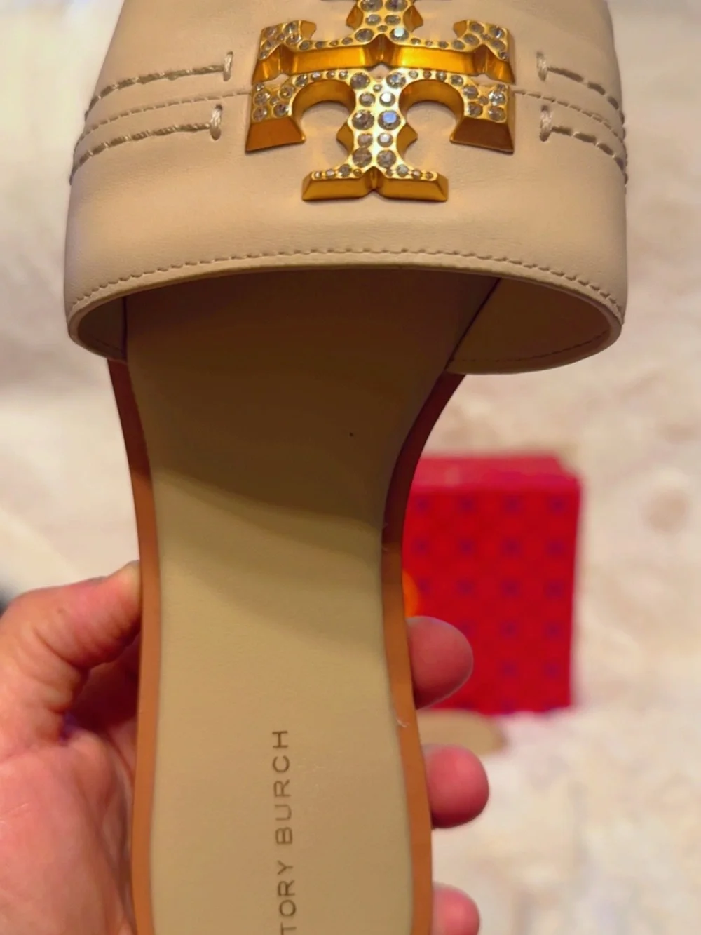 Tory Burch Nude/Beige Miller Crystal Logo Slide Sandals